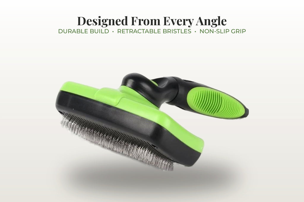 Fur & Velvet Self-Cleaning Slicker Brush — Green, three-quarter view