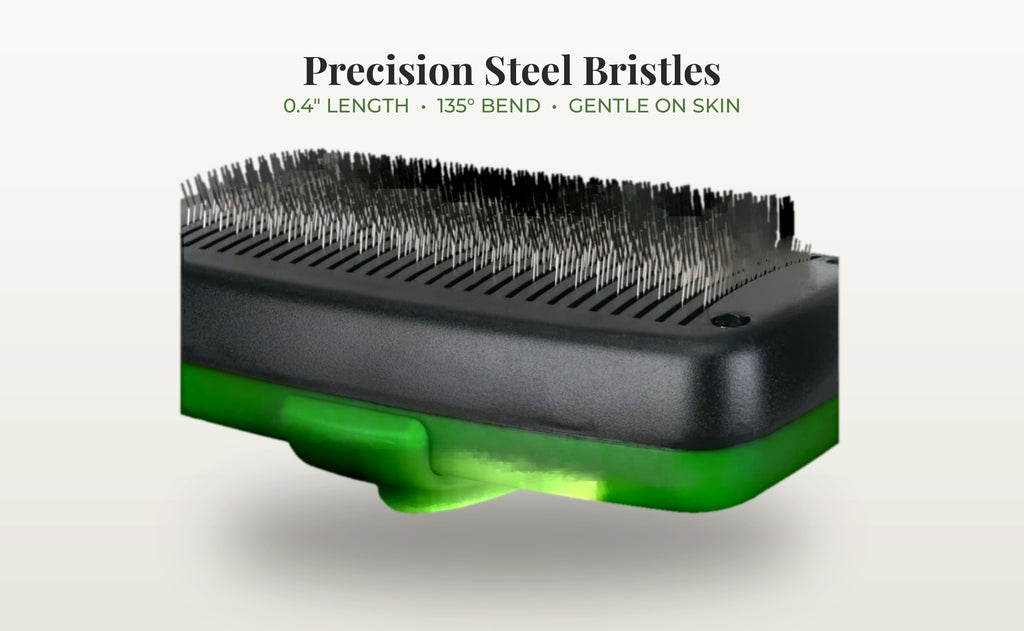 Fur & Velvet Self-Cleaning Slicker Brush — Green, rounded bristle close-up