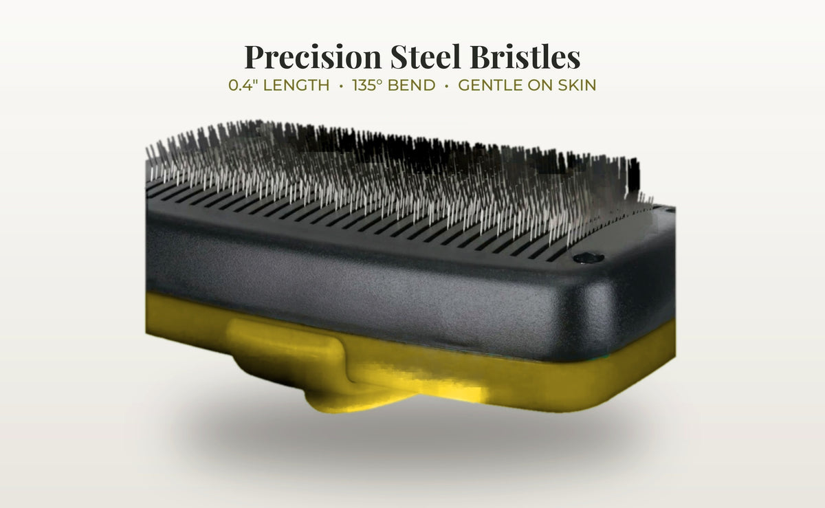 Fur & Velvet Self-Cleaning Slicker Brush — Yellow, rounded bristle close-up