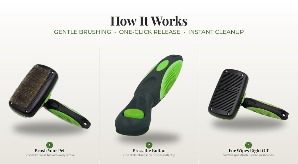 Fur & Velvet Self-Cleaning Slicker Brush — Green, how it works diagram