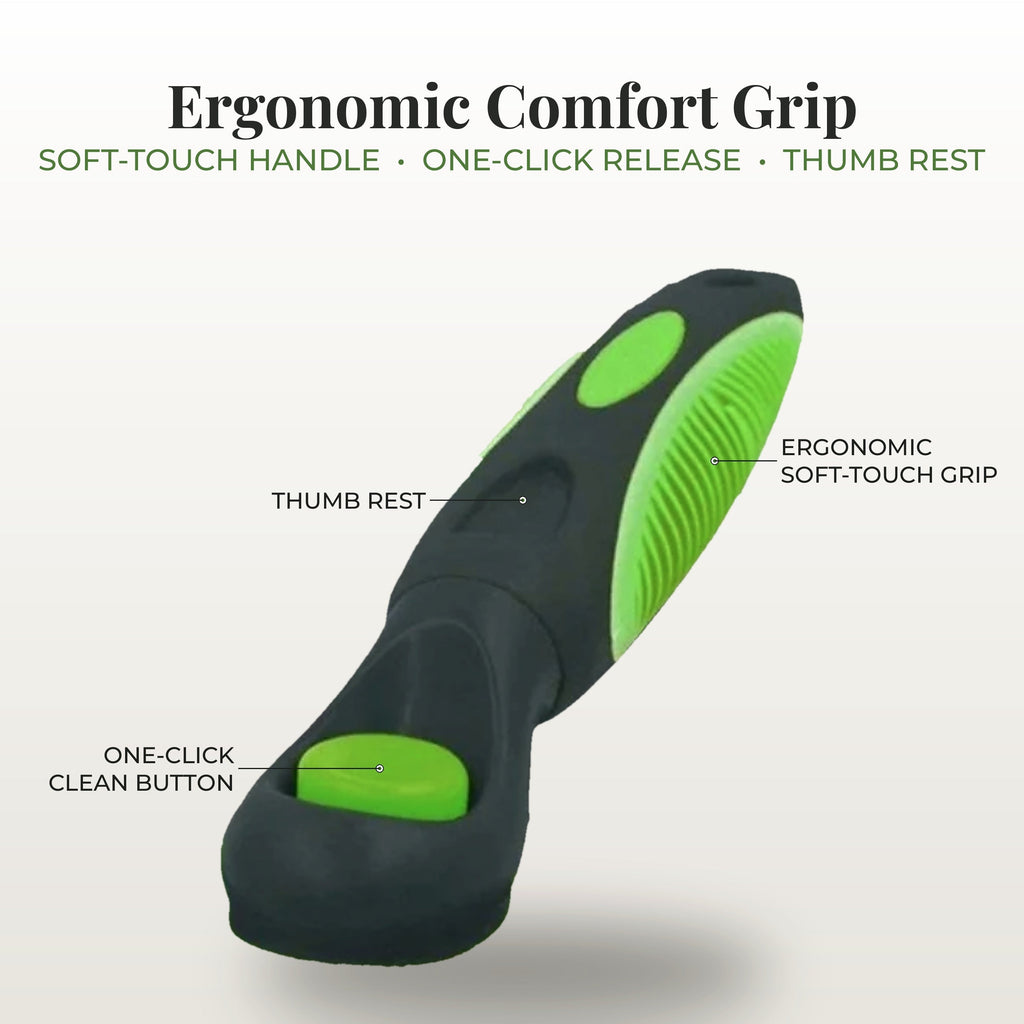 Fur & Velvet Self-Cleaning Slicker Brush — Green, one-click release button and grip detail