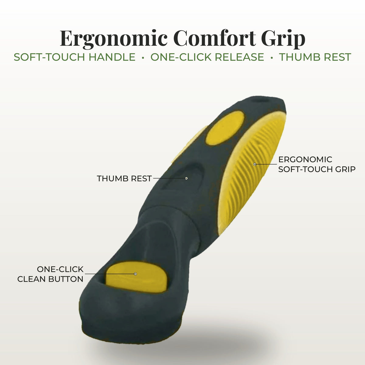 Fur & Velvet Self-Cleaning Slicker Brush — Yellow, one-click release button and grip detail